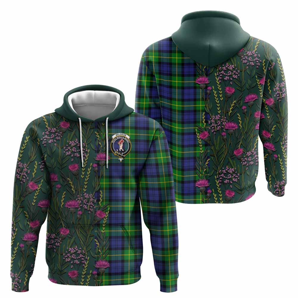 Meldrum Family Crest Tartan Hoodie Scottish Thistle Flower Pattern Half Style - Tartan Vibes Clothing