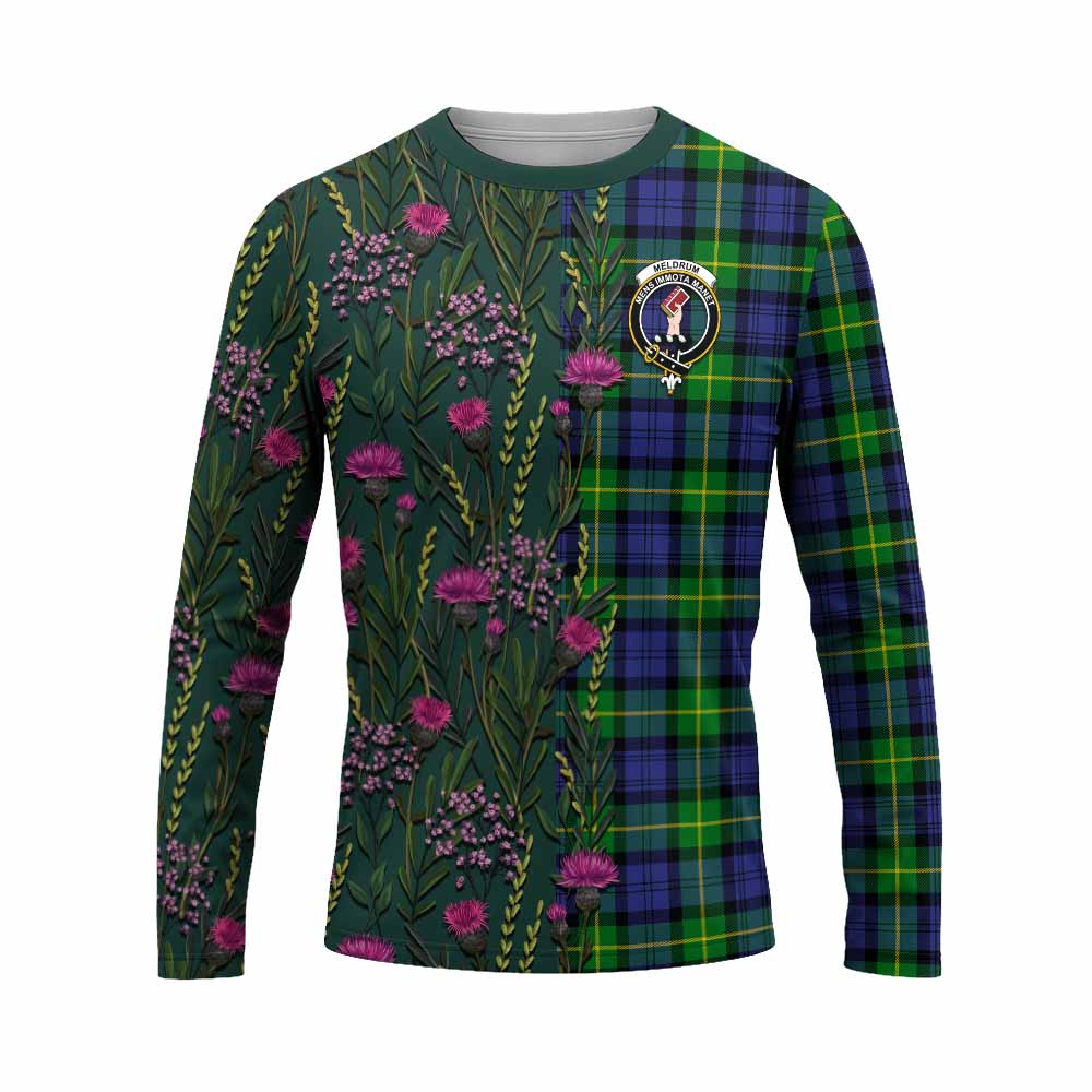 Meldrum Family Crest Tartan Long Sleeve T-Shirt Scottish Thistle Flower Pattern Half Style - Tartan Vibes Clothing