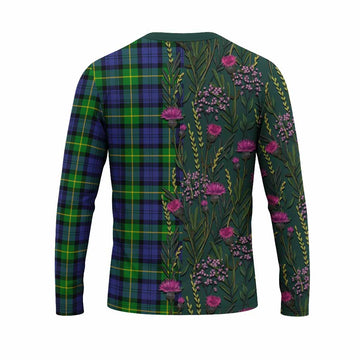 Meldrum Family Crest Tartan Long Sleeve T-Shirt Scottish Thistle Flower Pattern Half Style - Tartan Vibes Clothing
