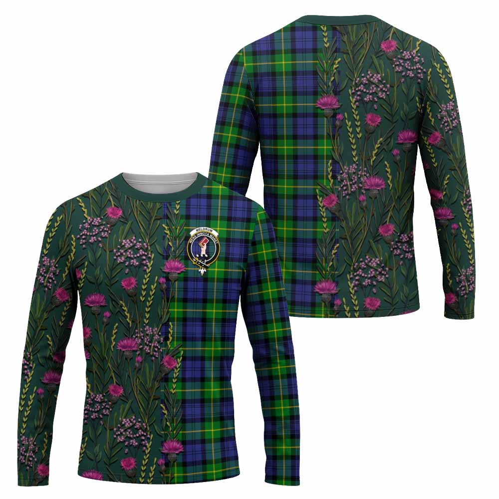 Meldrum Family Crest Tartan Long Sleeve T-Shirt Scottish Thistle Flower Pattern Half Style - Tartan Vibes Clothing