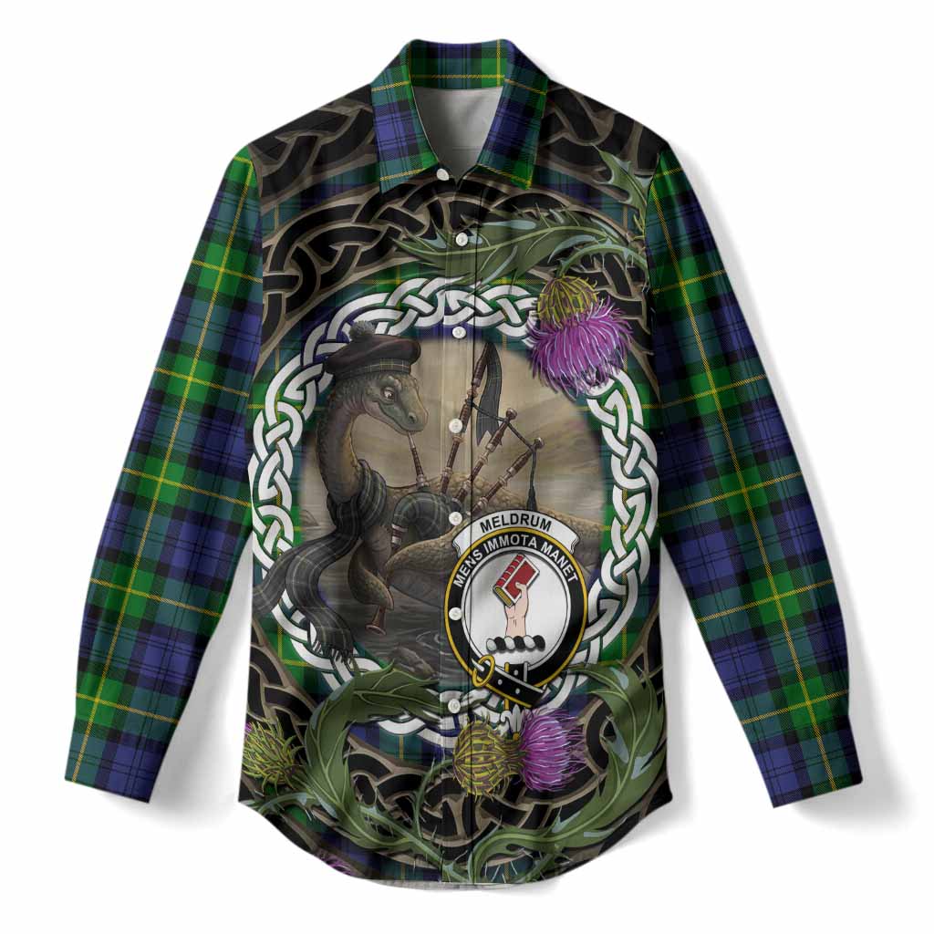 Meldrum Tartan Crest Bagpipe Nessie Women Casual Shirt Scottish Loch Ness Monster Celtic Thistle
