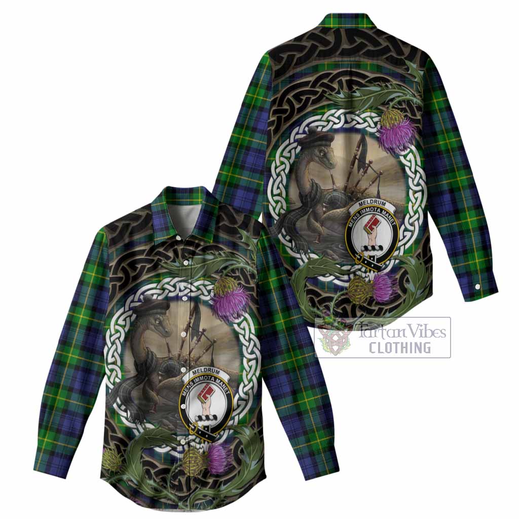 Meldrum Tartan Crest Bagpipe Nessie Women Casual Shirt Scottish Loch Ness Monster Celtic Thistle