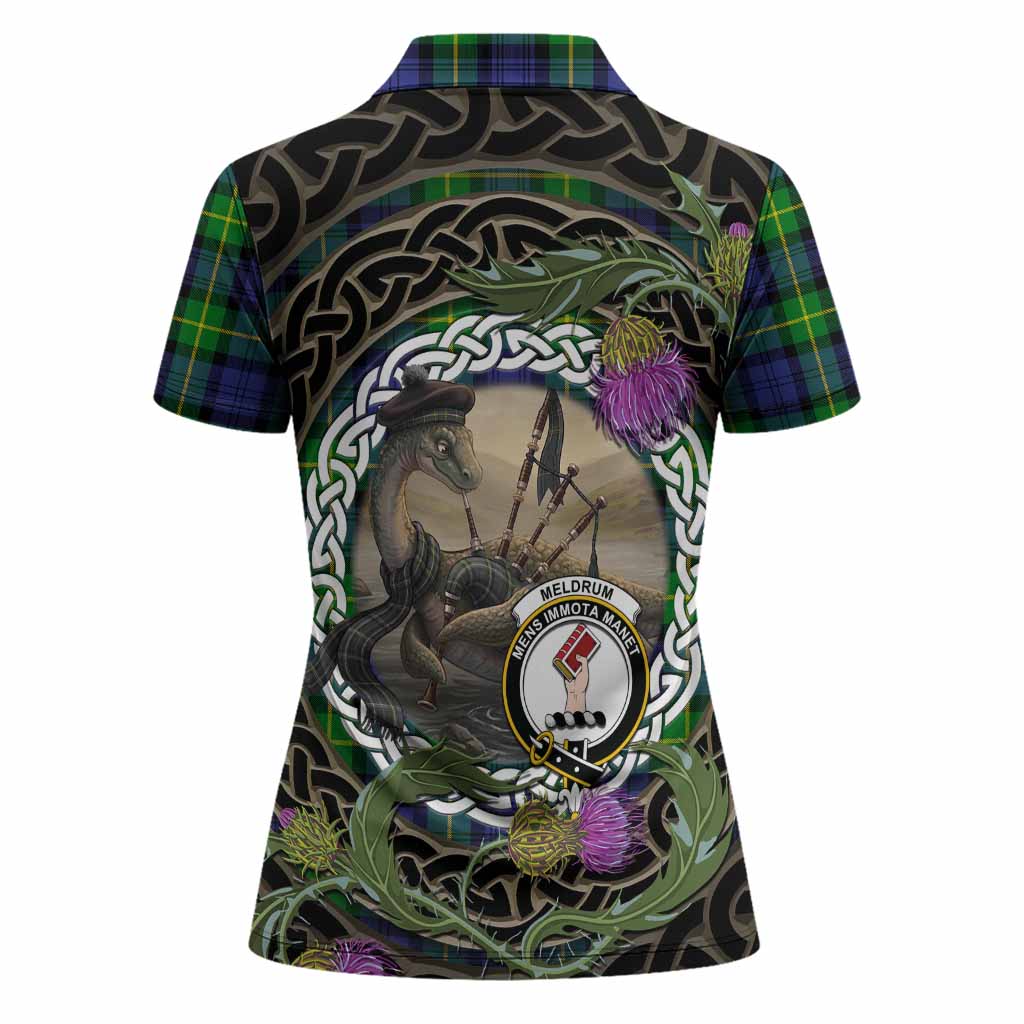 Meldrum Tartan Crest Bagpipe Nessie Women Polo Shirt Scottish Loch Ness Monster Celtic Thistle