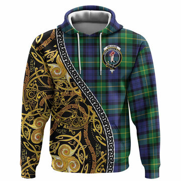 Meldrum Tartan Crest Hoodie Celtic Knot and Triple Trickle Spiral Symbols