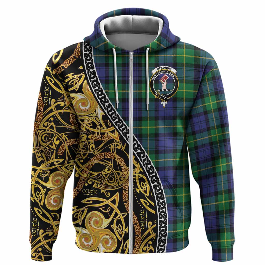 Meldrum Tartan Crest Hoodie Celtic Knot and Triple Trickle Spiral Symbols