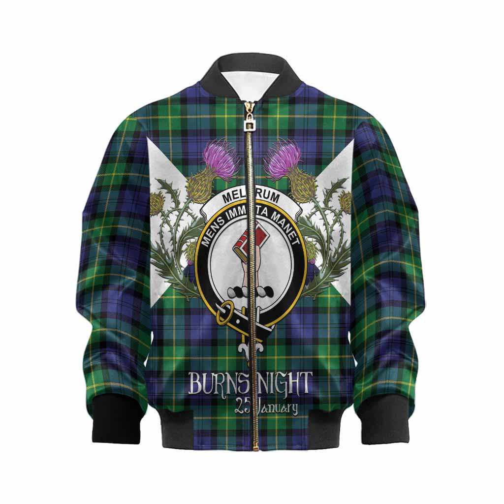 Meldrum Tartan Family Crest Kid Bomber Jacket Scottish Burns Night Thistle Floral