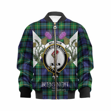 Meldrum Tartan Family Crest Kid Bomber Jacket Scottish Burns Night Thistle Floral