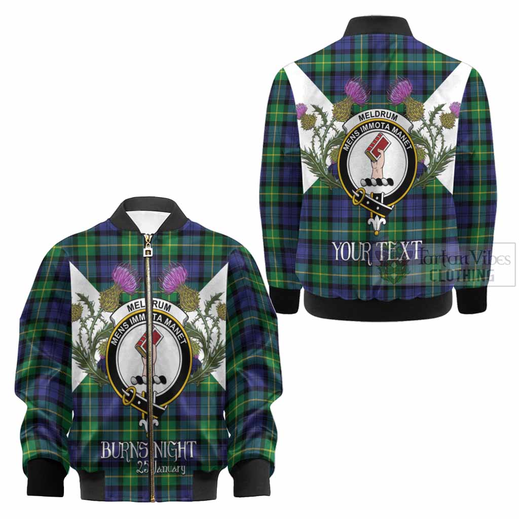 Meldrum Tartan Family Crest Kid Bomber Jacket Scottish Burns Night Thistle Floral