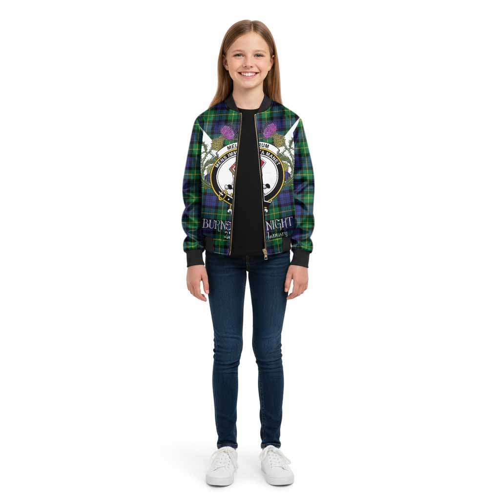 Meldrum Tartan Family Crest Kid Bomber Jacket Scottish Burns Night Thistle Floral