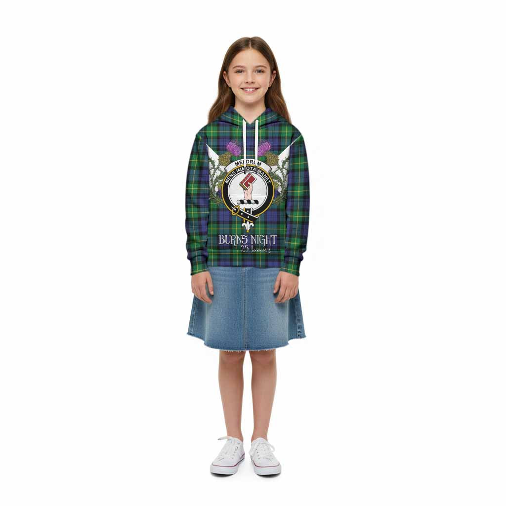 Meldrum Tartan Family Crest Kid Hoodie Scottish Burns Night Thistle Floral