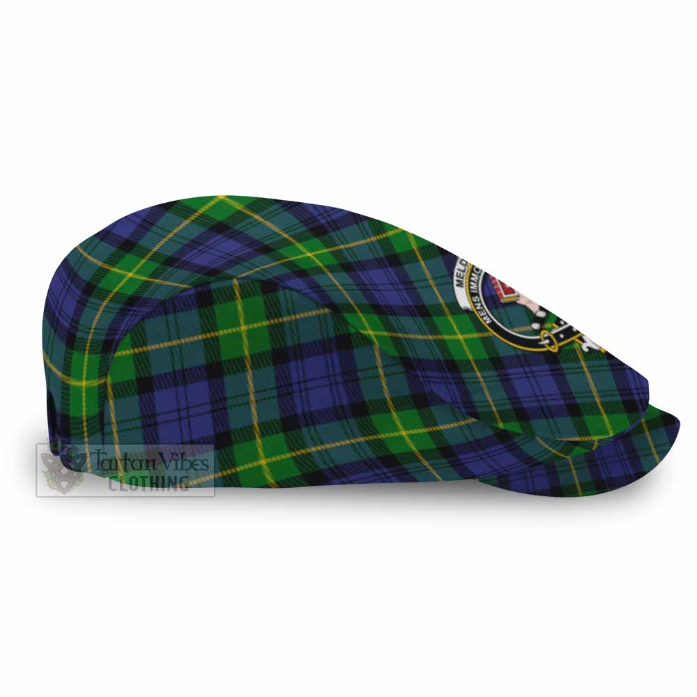 Meldrum Tartan Flat Cap, Jeff Cap Cross Style with Family Crest - Tartan Vibes Clothing