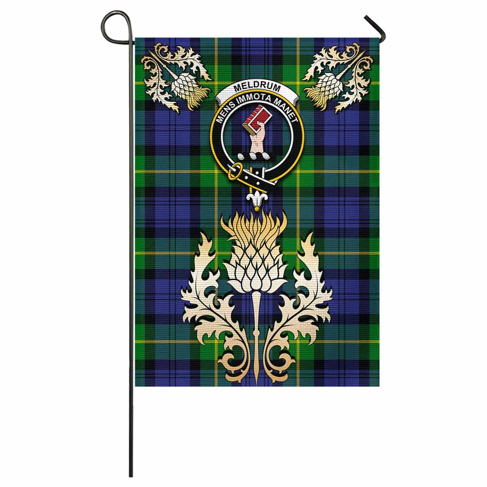 Meldrum Tartan Garden Flag with Golden Regal Scottish Thistle Emblem - Tartan Vibes Clothing
