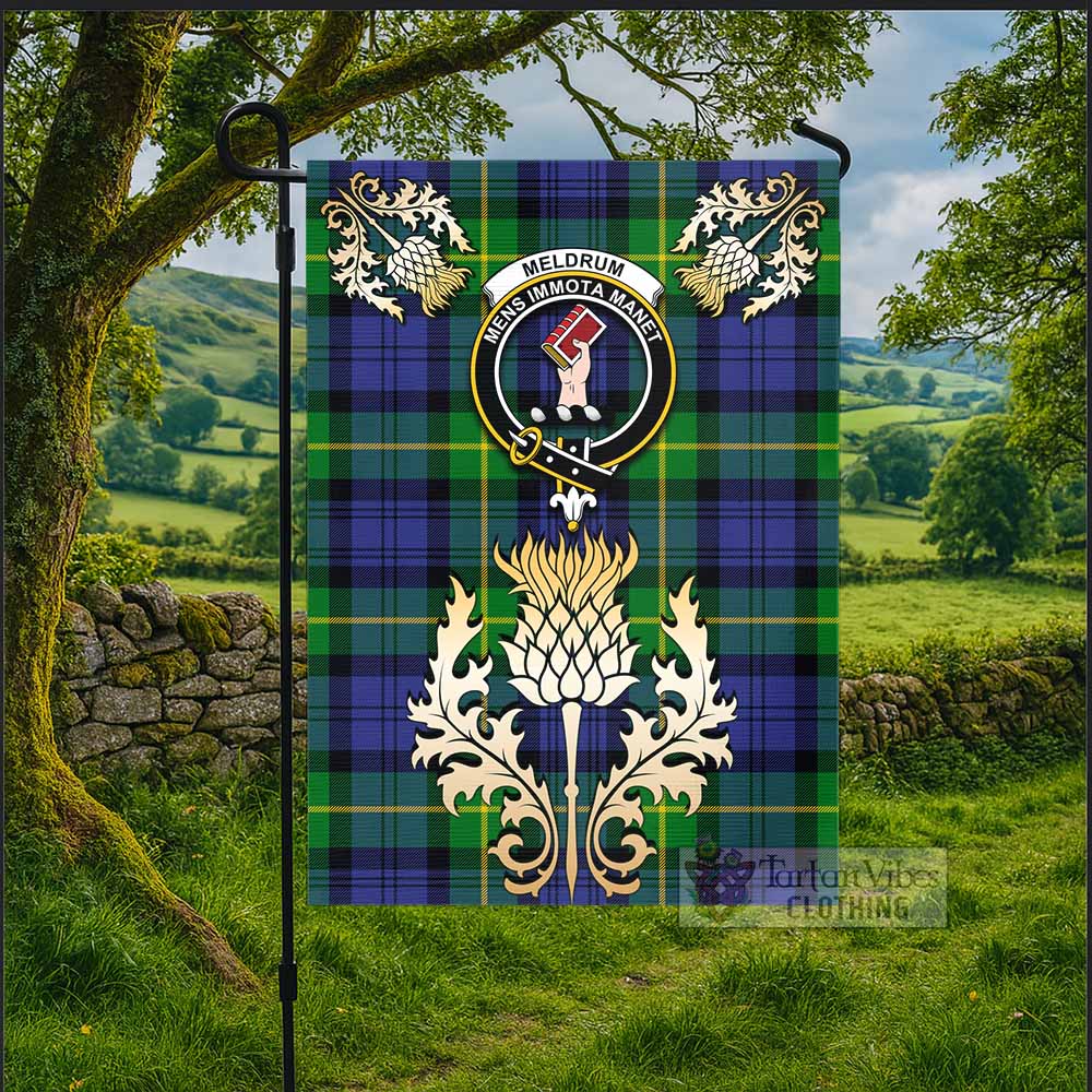 Meldrum Tartan Garden Flag with Golden Regal Scottish Thistle Emblem - Tartan Vibes Clothing