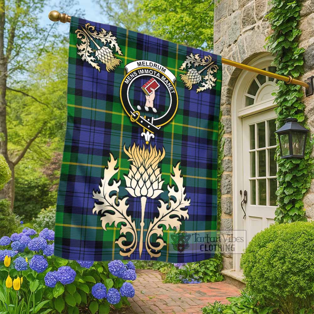 Meldrum Tartan Garden Flag with Golden Regal Scottish Thistle Emblem - Tartan Vibes Clothing