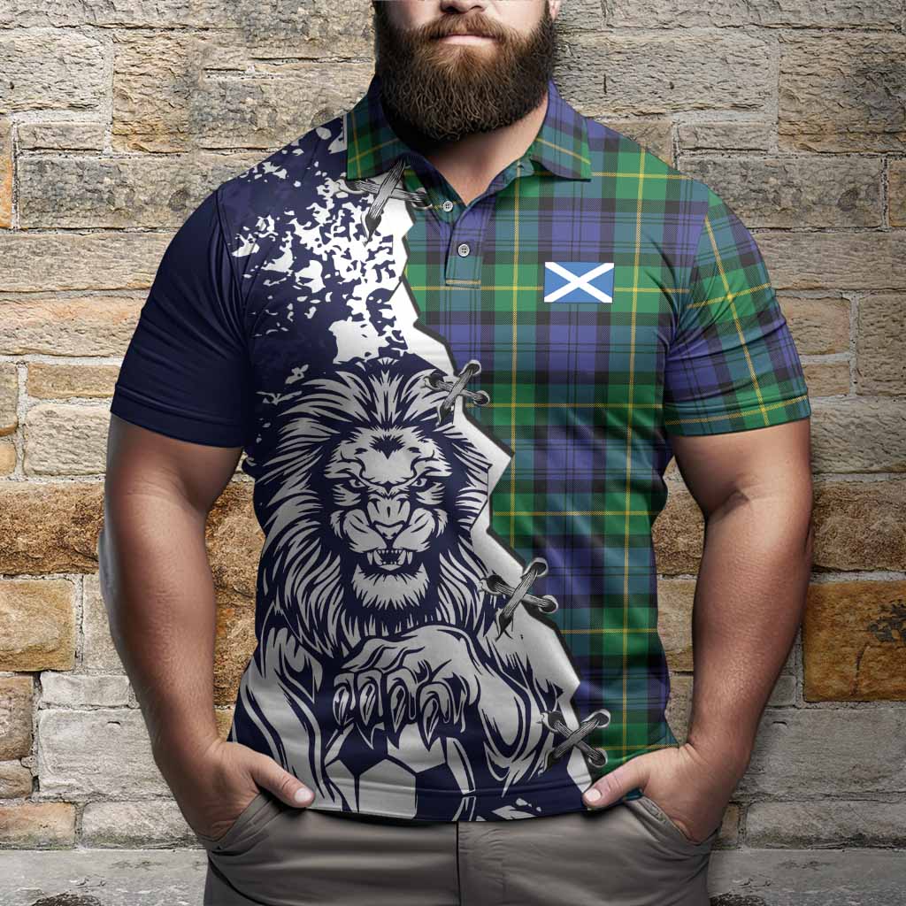 Meldrum Tartan Scottish Polo Shirt Angry Lion With Soccer Ball Style