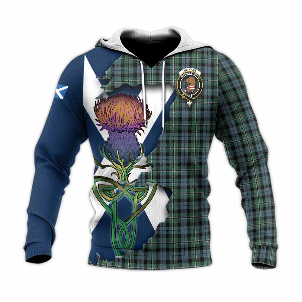 Melville Tartan Family Crest Knitted Hoodie Scottish Thistle Celtic Inspired Unisex Knitted Pullover Hoodie - Tartan Vibes Clothing