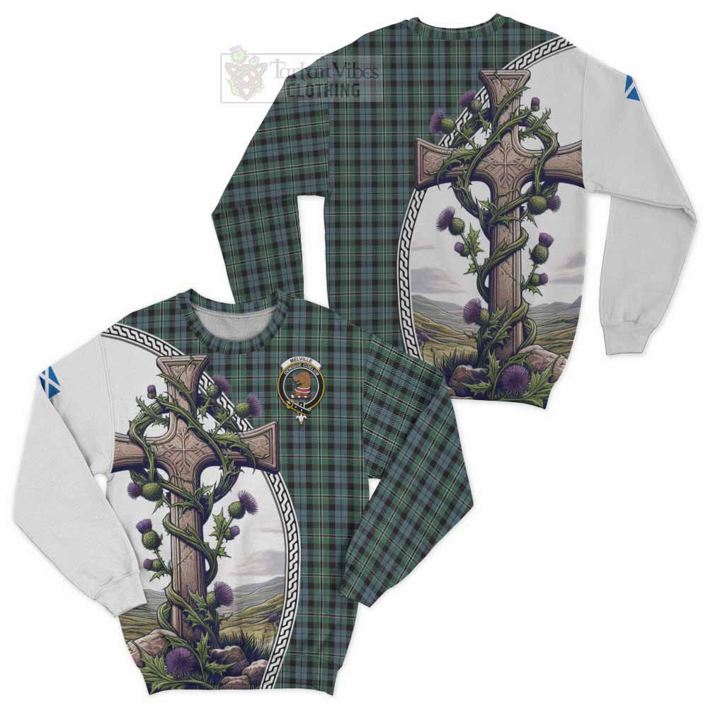 Melville Tartan Sweatshirt with Family Crest and St. Andrew's Cross Accented by Thistle Vines Unisex - Tartan Vibes Clothing