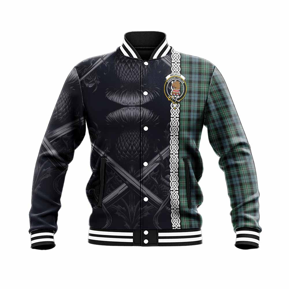 Melville Tartan Baseball Jacket with Family Crest Cross Sword Thistle Celtic Vibes Unisex - Tartan Vibes Clothing