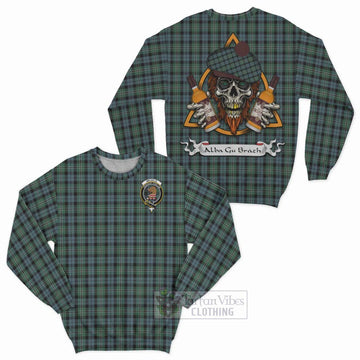 Melville Tartan Sweatshirt with Family Crest and Bearded Skull Holding Bottles of Whiskey Unisex - Tartan Vibes Clothing