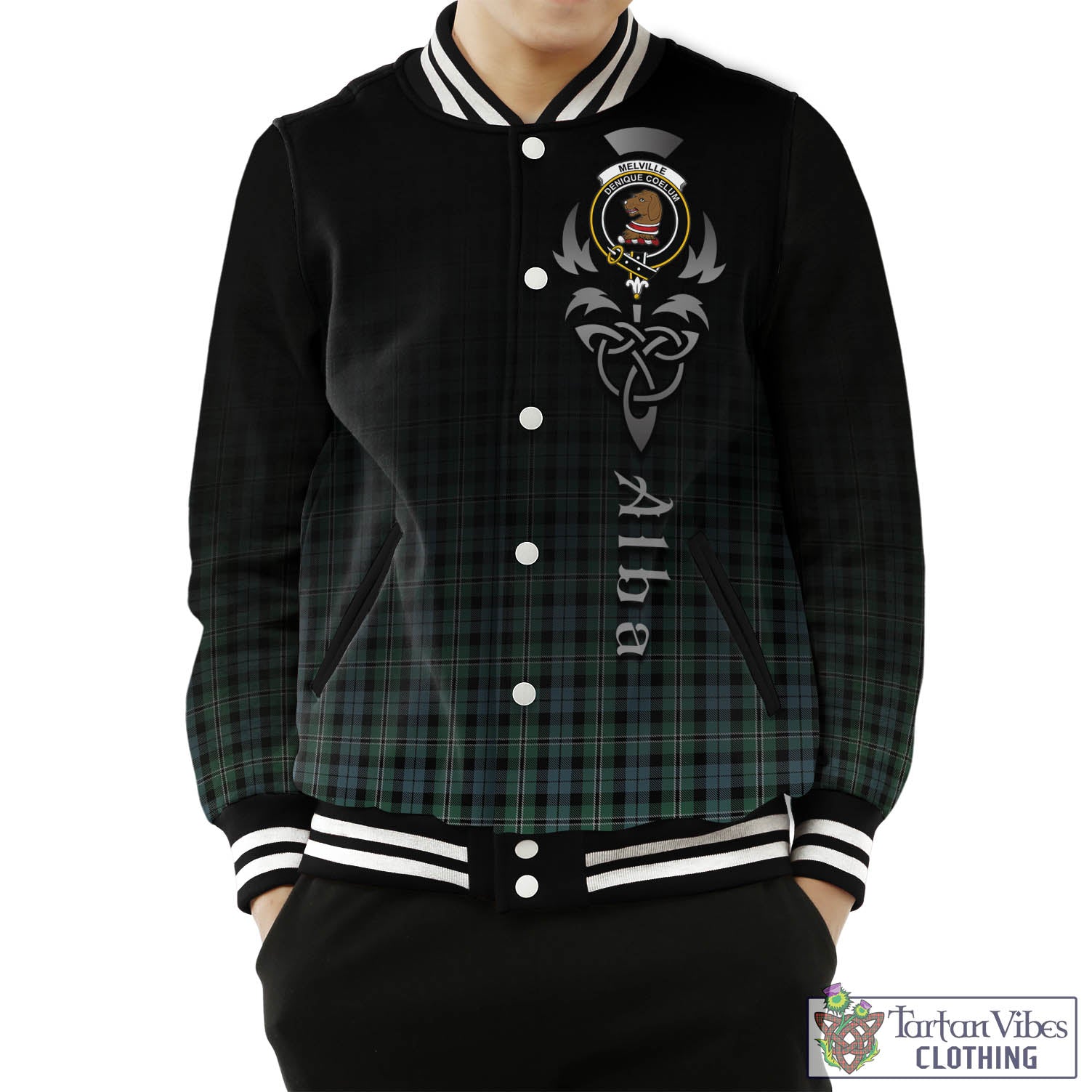Melville Tartan Baseball Jacket Featuring Alba Gu Brath Family Crest Celtic Inspired Unisex - Tartan Vibes Clothing