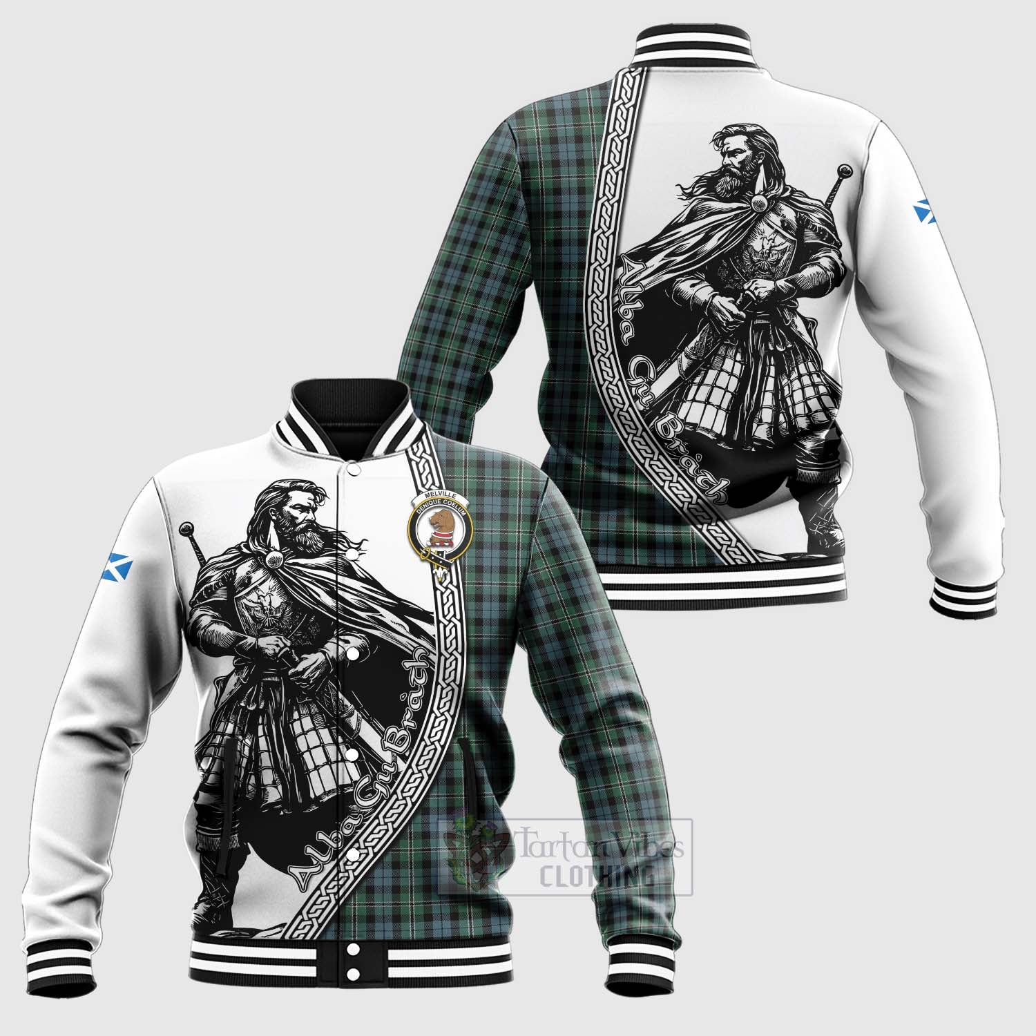 Melville Tartan Clan Crest Baseball Jacket with Highlander Warrior Celtic Style Unisex - Tartan Vibes Clothing