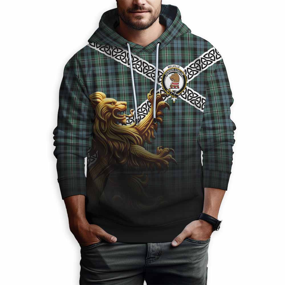 Melville Crest Tartan Hoodie with Golden Lion Emblem Celtic Style Pullover Hoodie - Tartan Vibes Clothing