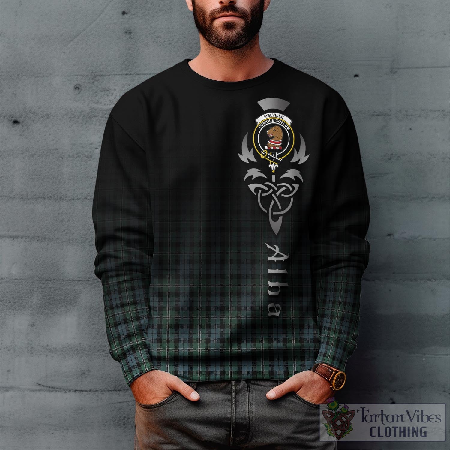 Tartan Vibes Clothing Melville Tartan Sweatshirt Featuring Alba Gu Brath Family Crest Celtic Inspired
