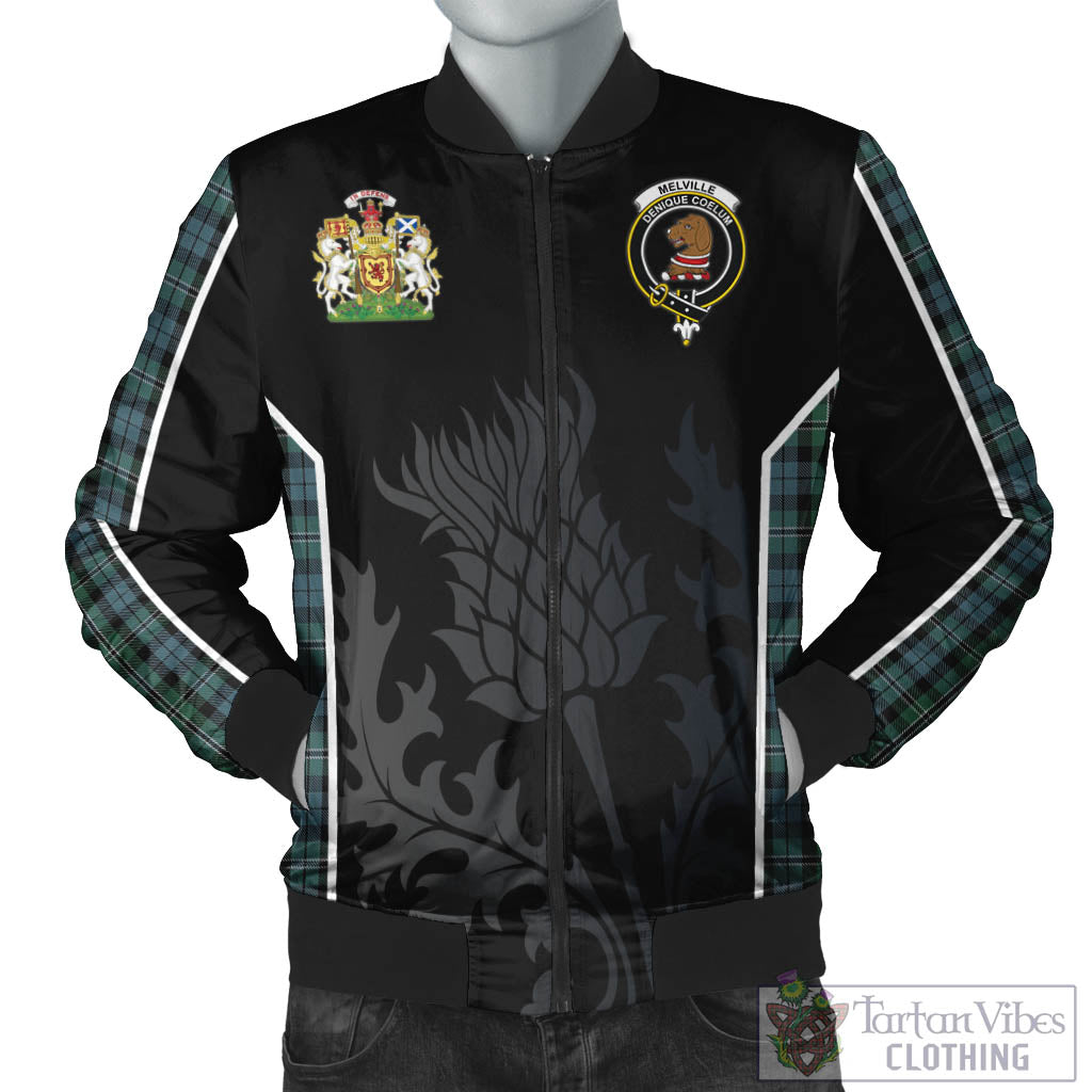 Melville Tartan Bomber Jacket with Family Crest and Scottish Thistle Vibes Sport Style Unisex Black - Tartan Vibes Clothing