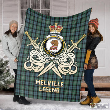Melville Tartan Blanket with Clan Crest and the Golden Sword of Courageous Legacy X-Large 59 x 79 inches 150 x 200 cm - Tartan Vibes Clothing