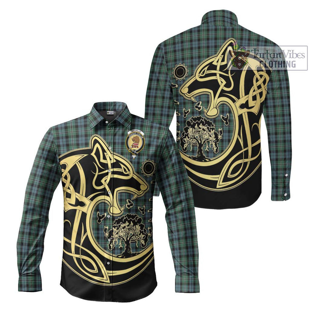 Melville Tartan Long Sleeve Button Shirt with Family Crest Celtic Wolf Style Men's Shirt S - Tartan Vibes Clothing
