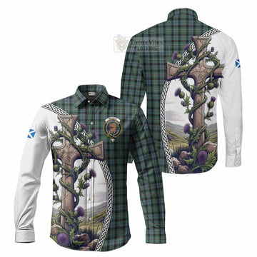 Melville Tartan Long Sleeve Button Shirt with Family Crest and St. Andrew's Cross Accented by Thistle Vines Men's Shirt S - Tartan Vibes Clothing