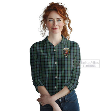 Melville Tartan Women's Casual Shirt with Family Crest and Bearded Skull Holding Bottles of Whiskey Female - Tartan Vibes Clothing