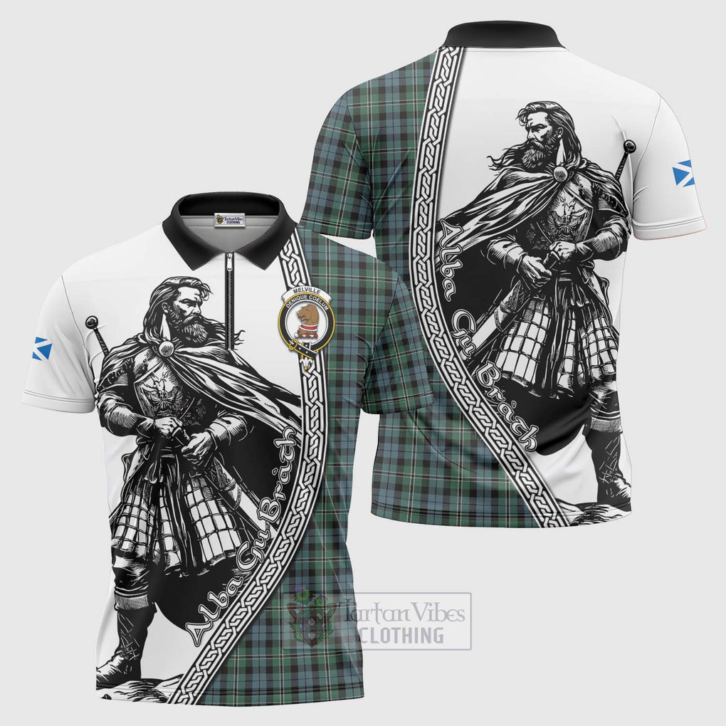 Melville Tartan Clan Crest Zipper Polo Shirt with Highlander Warrior Celtic Style Unisex - Tartan Vibes Clothing