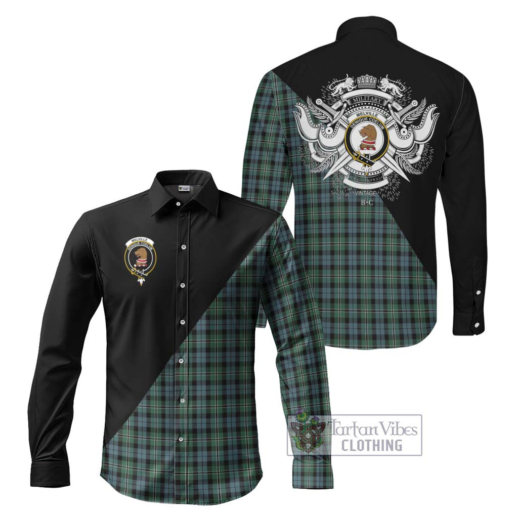 Melville Tartan Long Sleeve Button Shirt with Family Crest and Military Logo Style Men's Shirt S - Tartanvibesclothing Shop