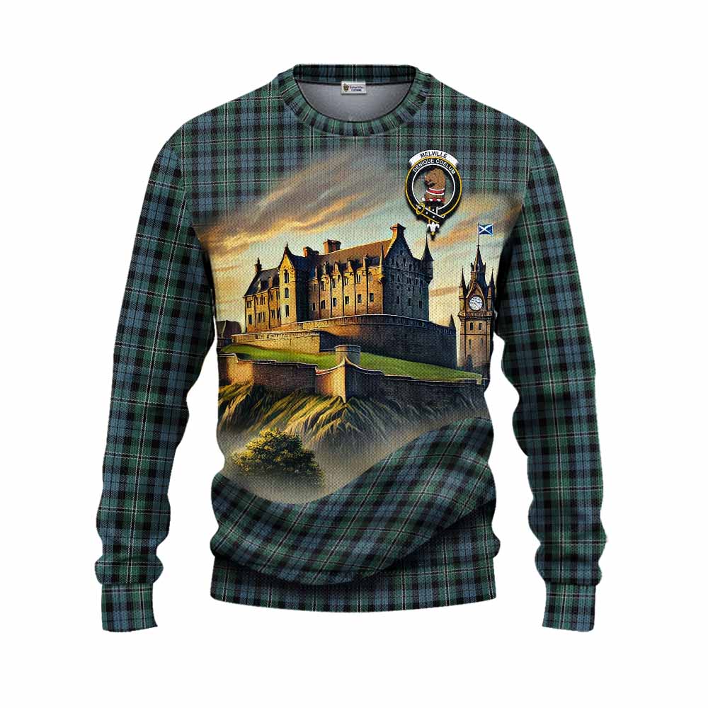 Melville Tartan Family Crest Knitted Sweater with Scottish Ancient Castle Style Unisex - Tartan Vibes Clothing
