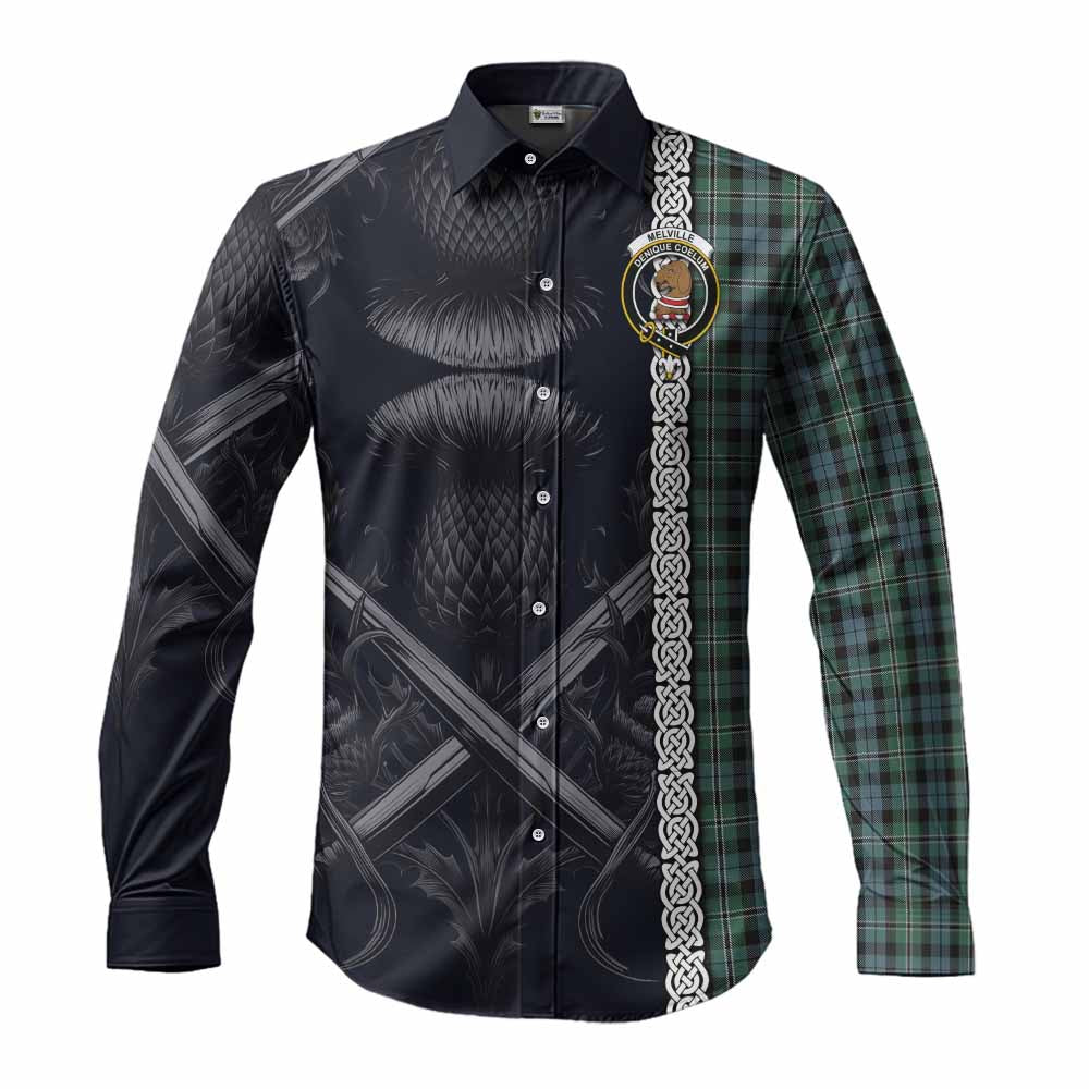 Tartan Vibes Clothing Melville Tartan Long Sleeve Button Shirt with Family Crest Cross Sword Thistle Celtic Vibes
