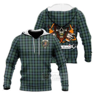 Melville Tartan Knitted Hoodie with Family Crest and Bearded Skull Holding Bottles of Whiskey Unisex Knitted Pullover Hoodie - Tartan Vibes Clothing