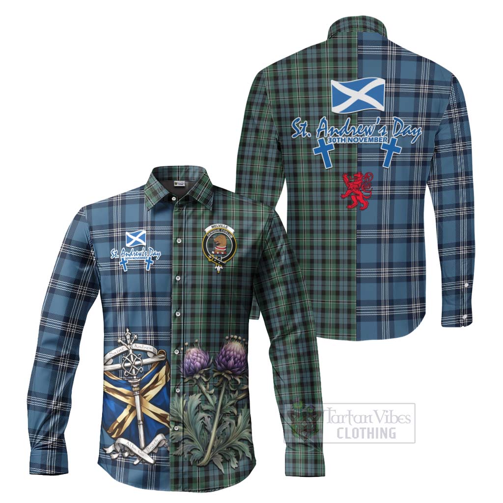 Melville Tartan Long Sleeve Button Shirt Happy St. Andrew's Day Half Tartan Style Men's Shirt S - Tartan Vibes Clothing