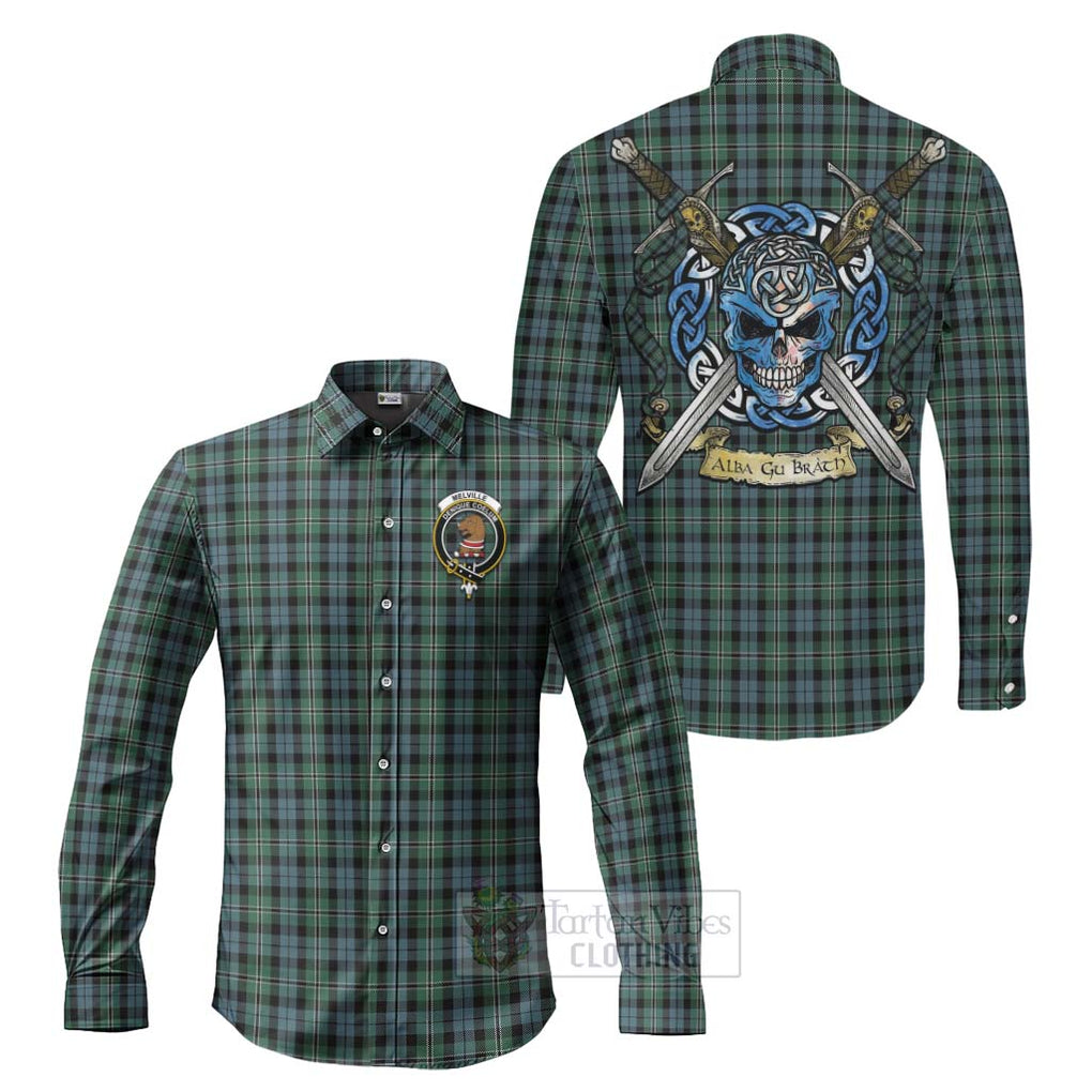 Melville Tartan Long Sleeve Button Shirt with Family Crest Celtic Skull Style Men's Shirt S - Tartan Vibes Clothing