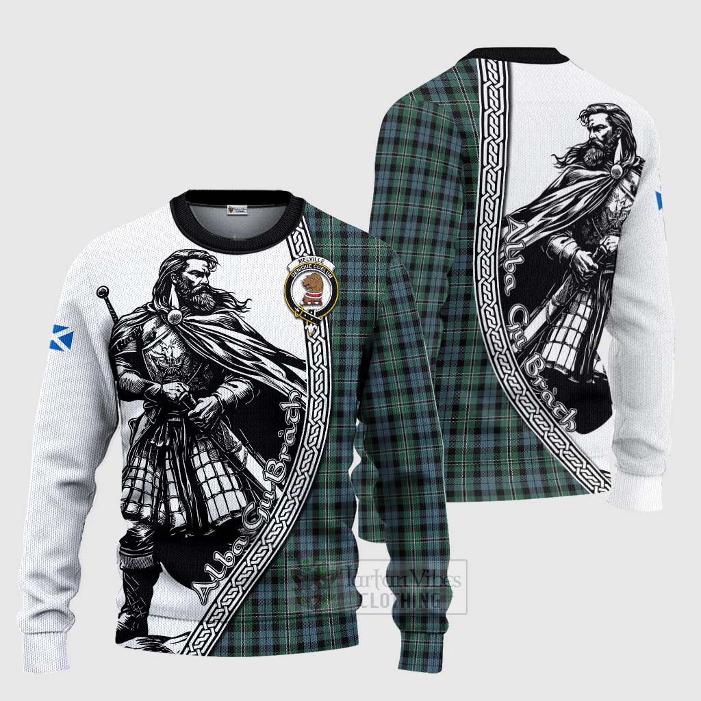 Melville Tartan Clan Crest Knitted Sweater with Highlander Warrior Celtic Style Unisex - Tartan Vibes Clothing