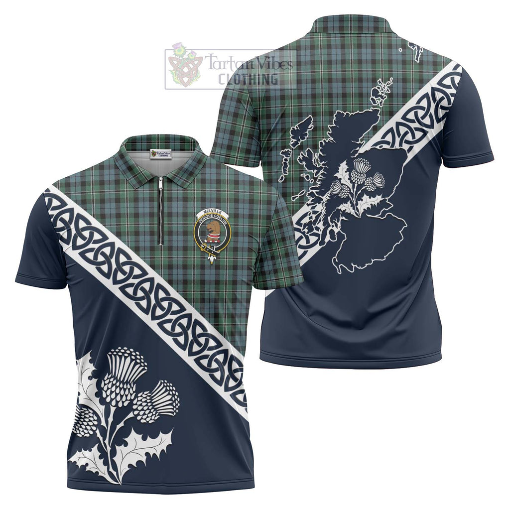 Melville Tartan Zipper Polo Shirt Featuring Thistle and Scotland Map Unisex - Tartanvibesclothing Store