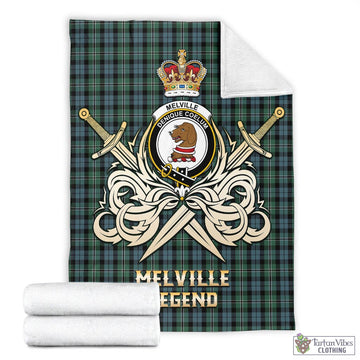 Melville Tartan Blanket with Clan Crest and the Golden Sword of Courageous Legacy