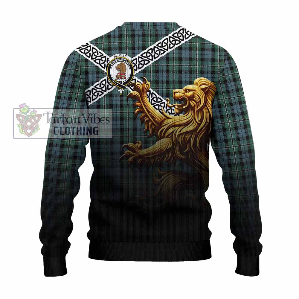 Melville Crest Tartan Knitted Sweater with Golden Lion Emblem Celtic Style - Tartan Vibes Clothing