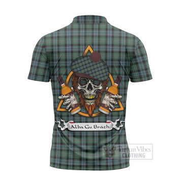 Melville Tartan Zipper Polo Shirt with Family Crest and Bearded Skull Holding Bottles of Whiskey - Tartan Vibes Clothing