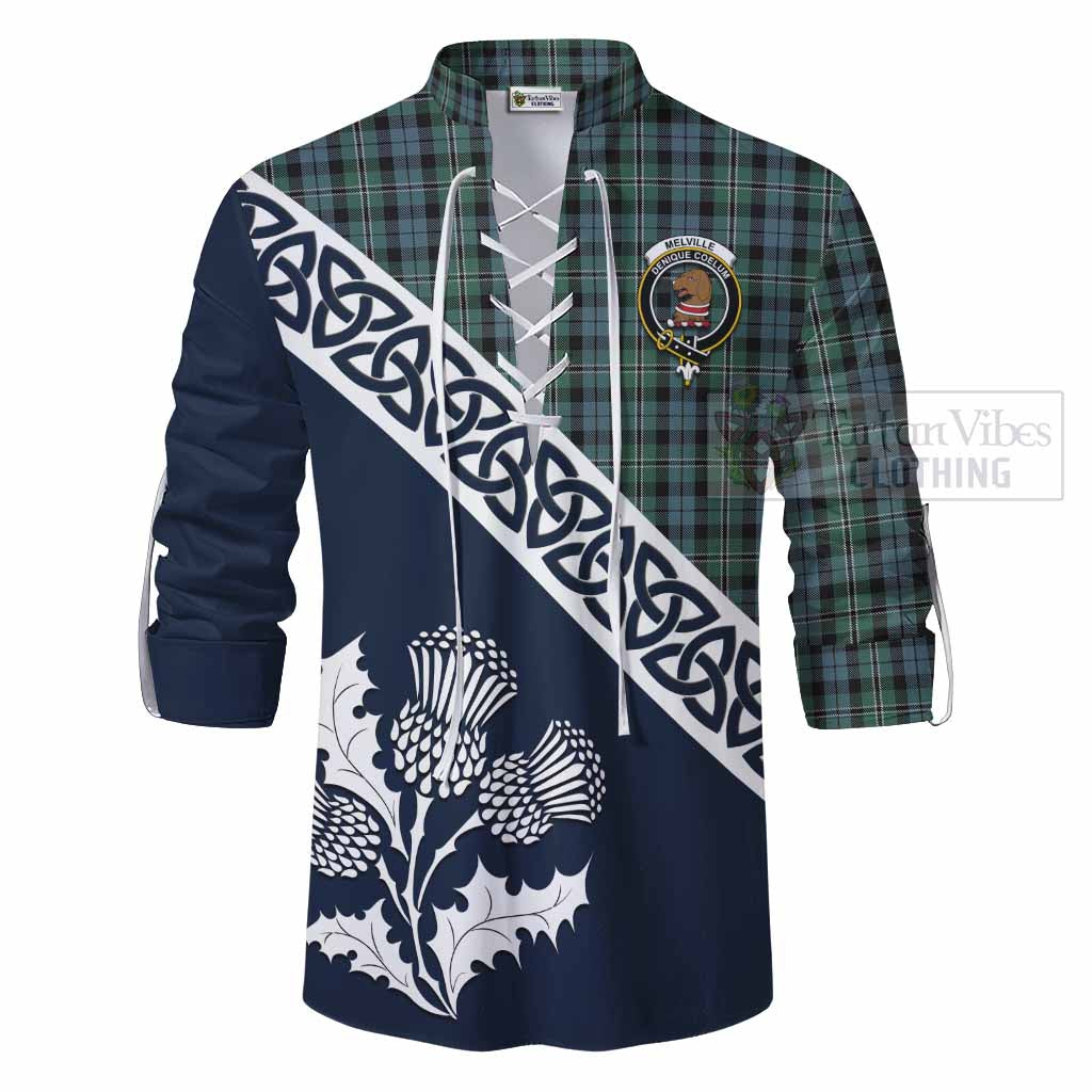 Melville Tartan Ghillie Kilt Shirt Featuring Thistle and Scotland Map - Tartan Vibes Clothing