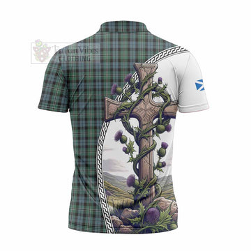 Melville Tartan Zipper Polo Shirt with Family Crest and St. Andrew's Cross Accented by Thistle Vines - Tartan Vibes Clothing