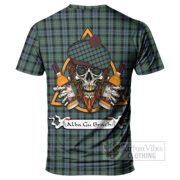 Melville Tartan T-Shirt with Family Crest and Bearded Skull Holding Bottles of Whiskey