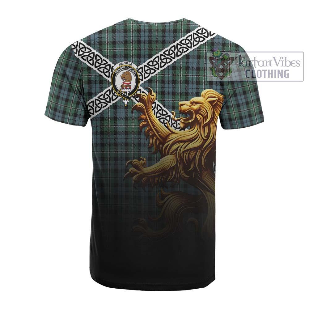 Melville Crest Tartan Cotton T-shirt with Golden Lion Emblem Celtic Style - Tartan Vibes Clothing