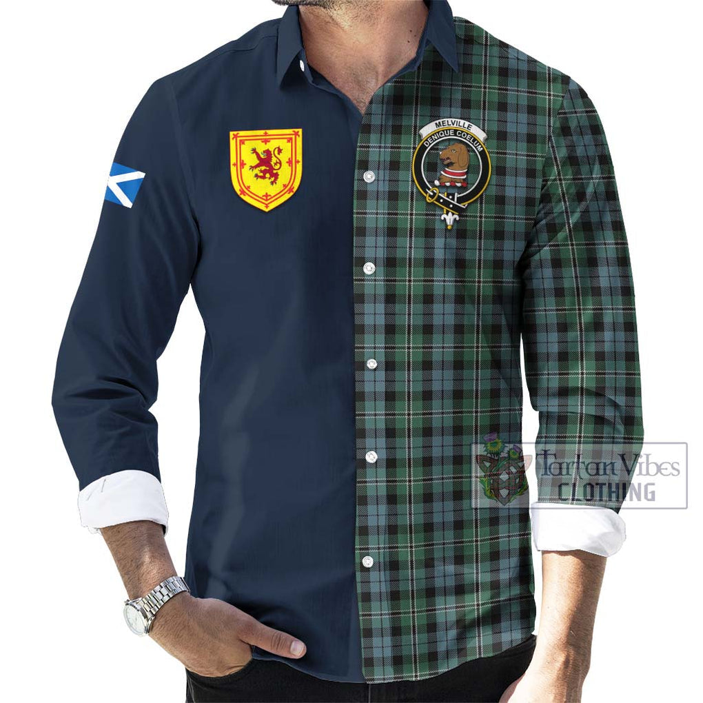 Melville Tartan Long Sleeve Button Shirt Alba with Scottish Lion Royal Arm Half Style Men's Shirt - Tartan Vibes Clothing