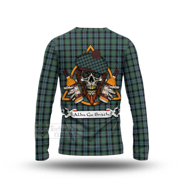 Melville Tartan Long Sleeve T-Shirt with Family Crest and Bearded Skull Holding Bottles of Whiskey - Tartan Vibes Clothing